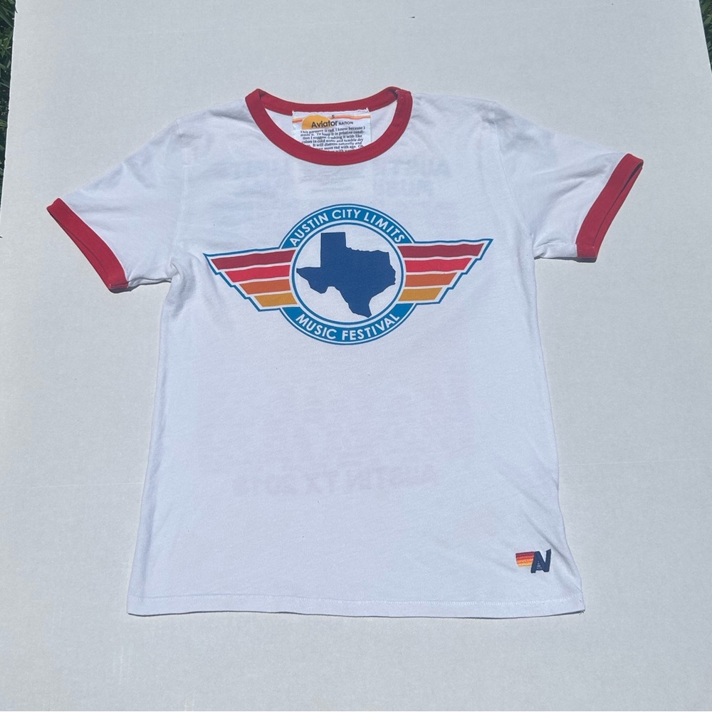 2018 Aviator Nation Austin City Limits Music Festival White and Red Ringer Tee